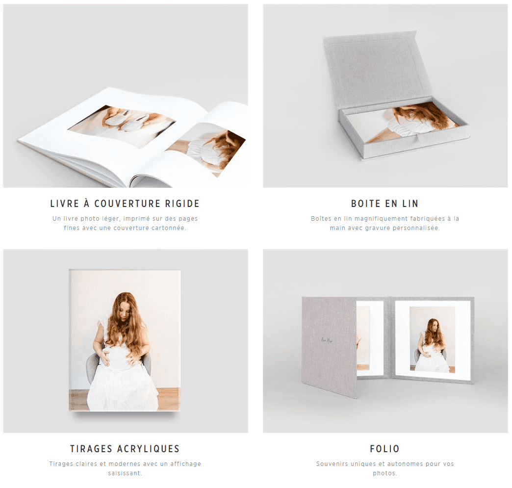 Sélection boutique : livre photo à couverture rigide, boîte en lin, tirages acryliques et folio — Aurore Clercq Photographie, photographe famille et grossesse en Brabant Wallon et Namur