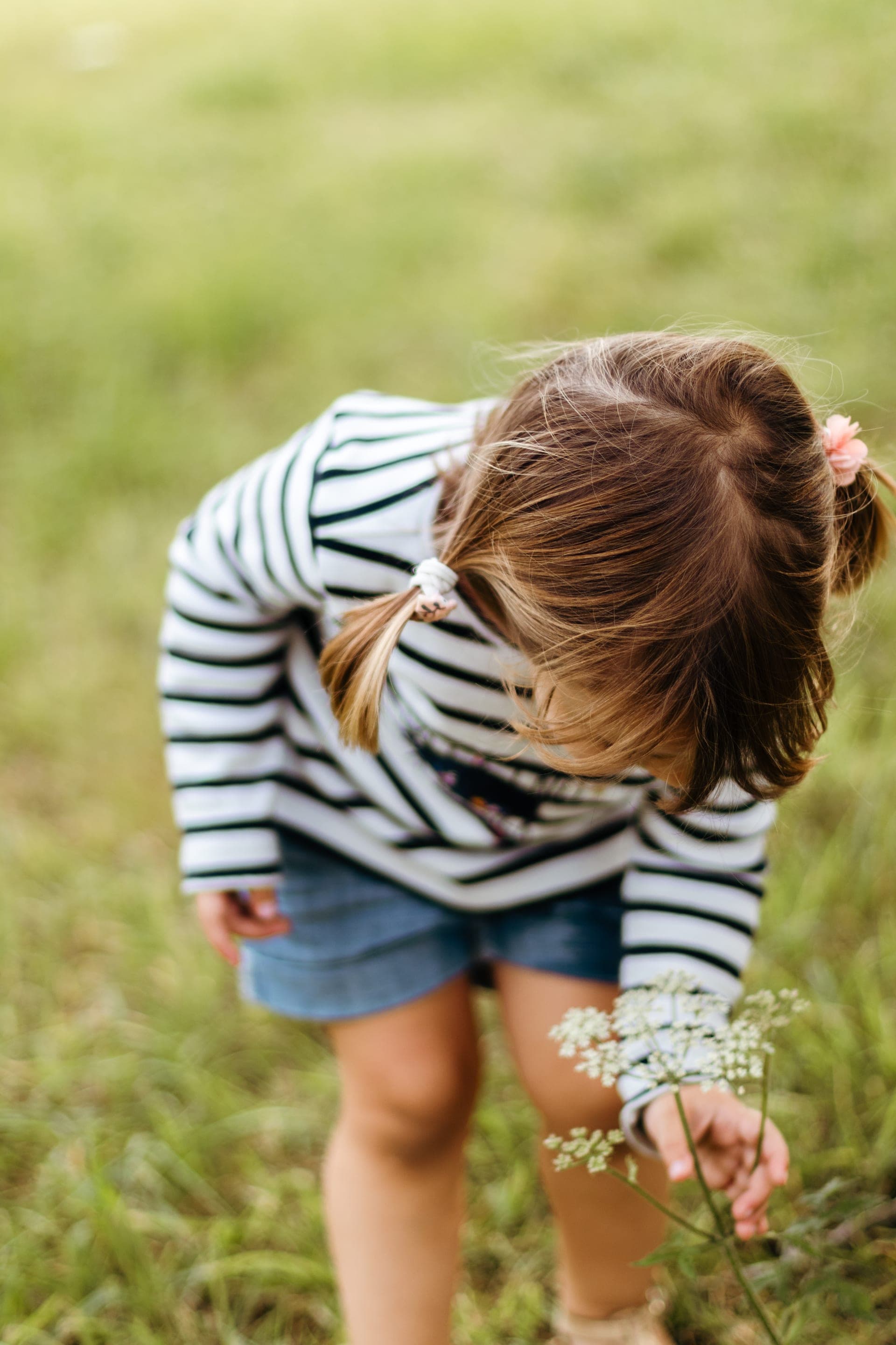 Détail fille qui ramasse une fleur sauvage dans l'herbe — séance famille champêtre