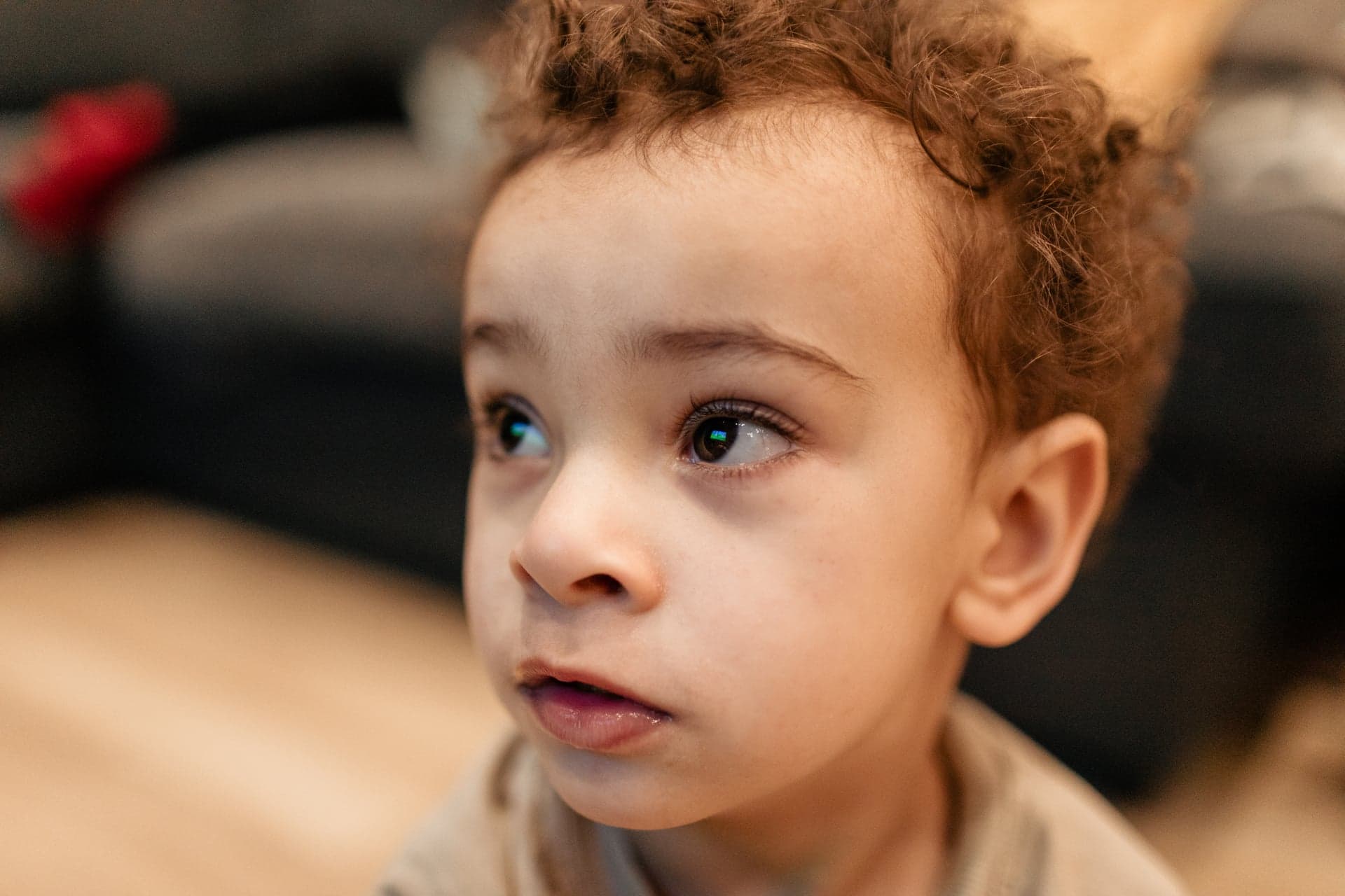 Portrait enfant cheveux bouclés regard curieux bokeh doux — séance famille intimiste